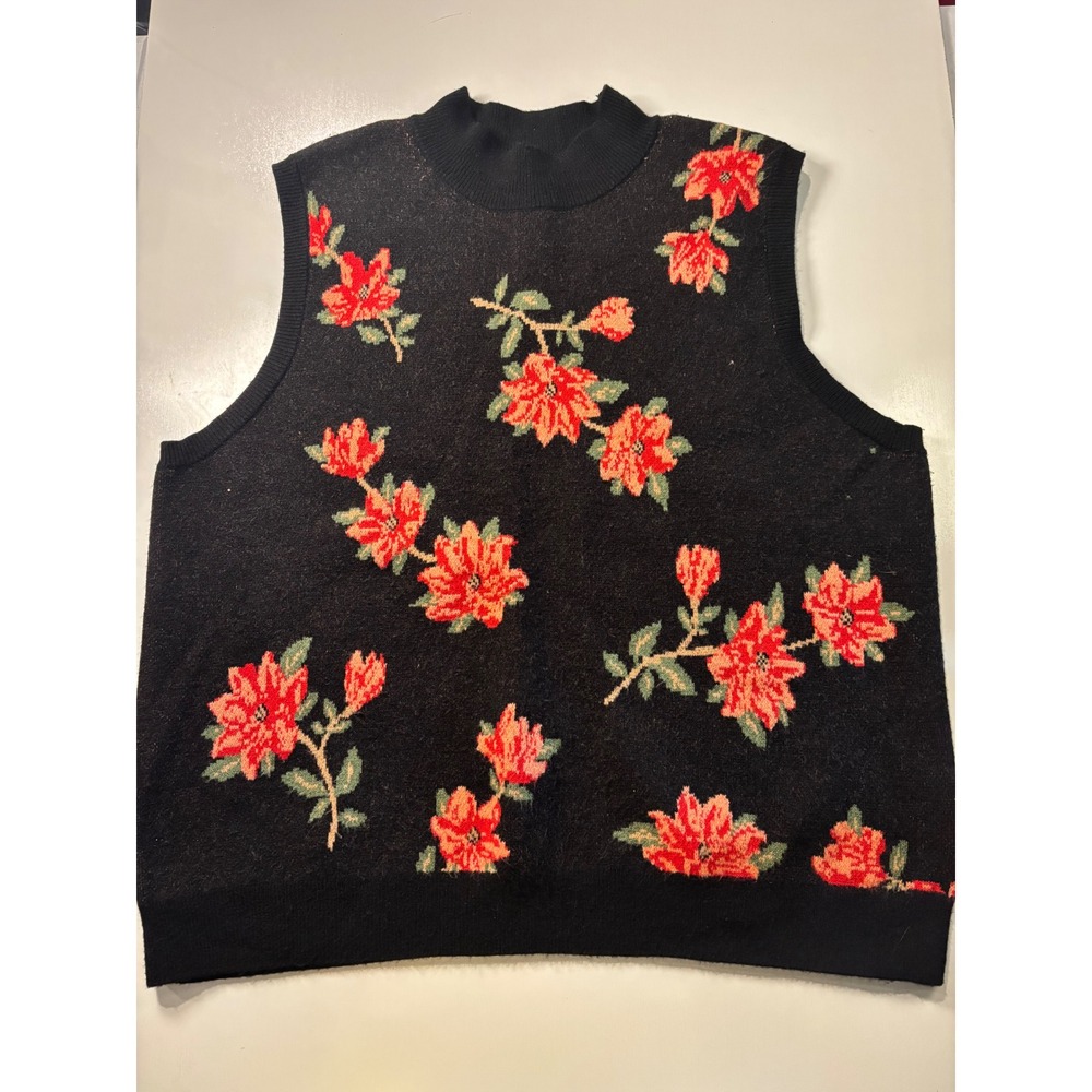 Draper James RSVP Black Floral Knit Sweater Vest Mock Neck Sleeveless XL Womens